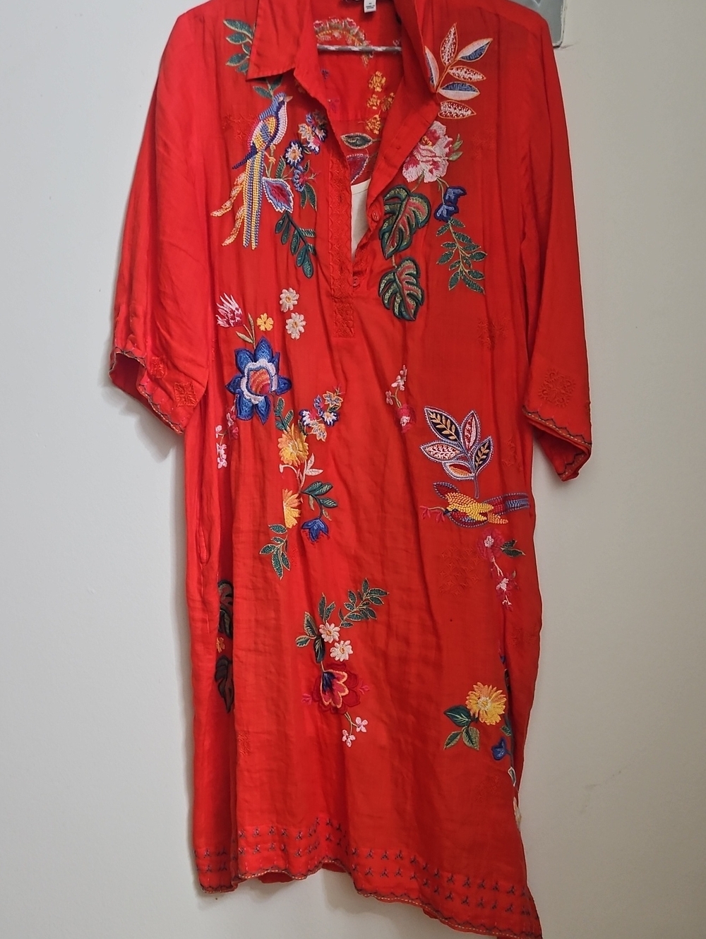 Johnny Was Red Embroidered Midi Dress with Multicolor Floral & Bird Motifs